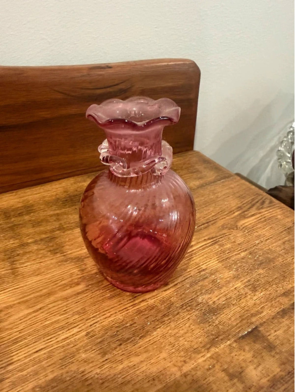 Vintage Pink Art Glass Bud Vase Ruffled Rim Applied Glass Detail cranberry